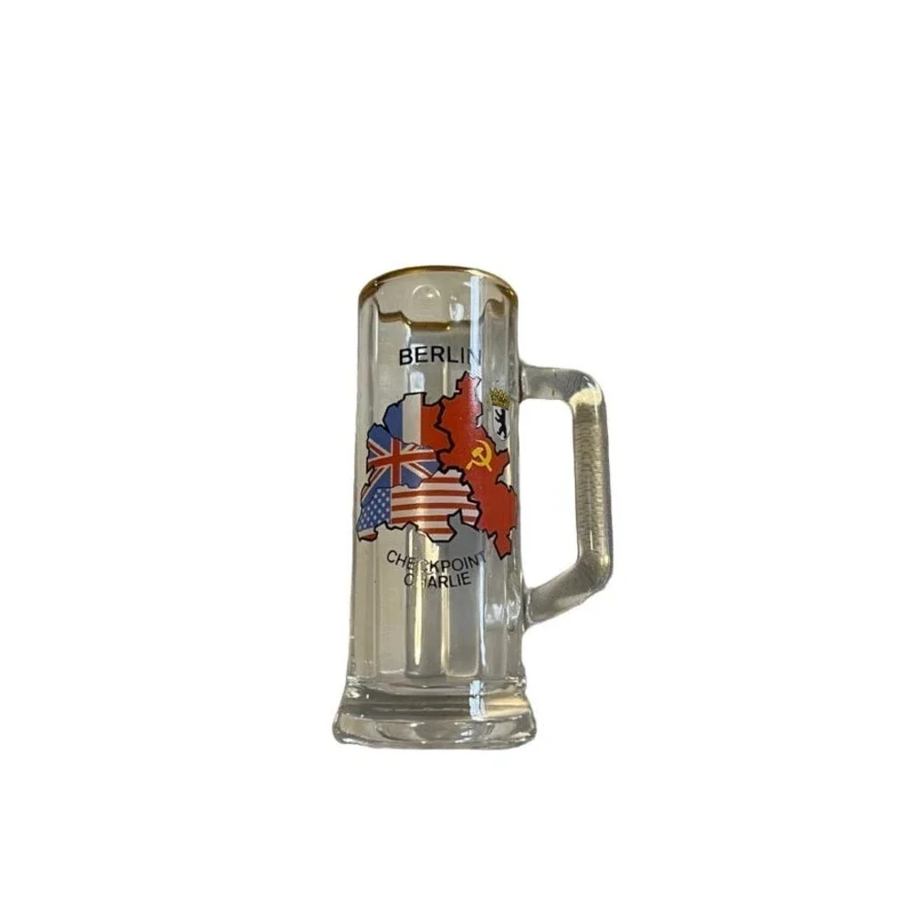 5/$25 Berlin double shot glass Checkpoint Charlie beer glass shaped